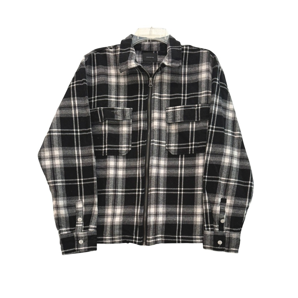 PacSun Mens Black White Plaid Full Zip Flannel Shirt Jacket Small 100% Cotton